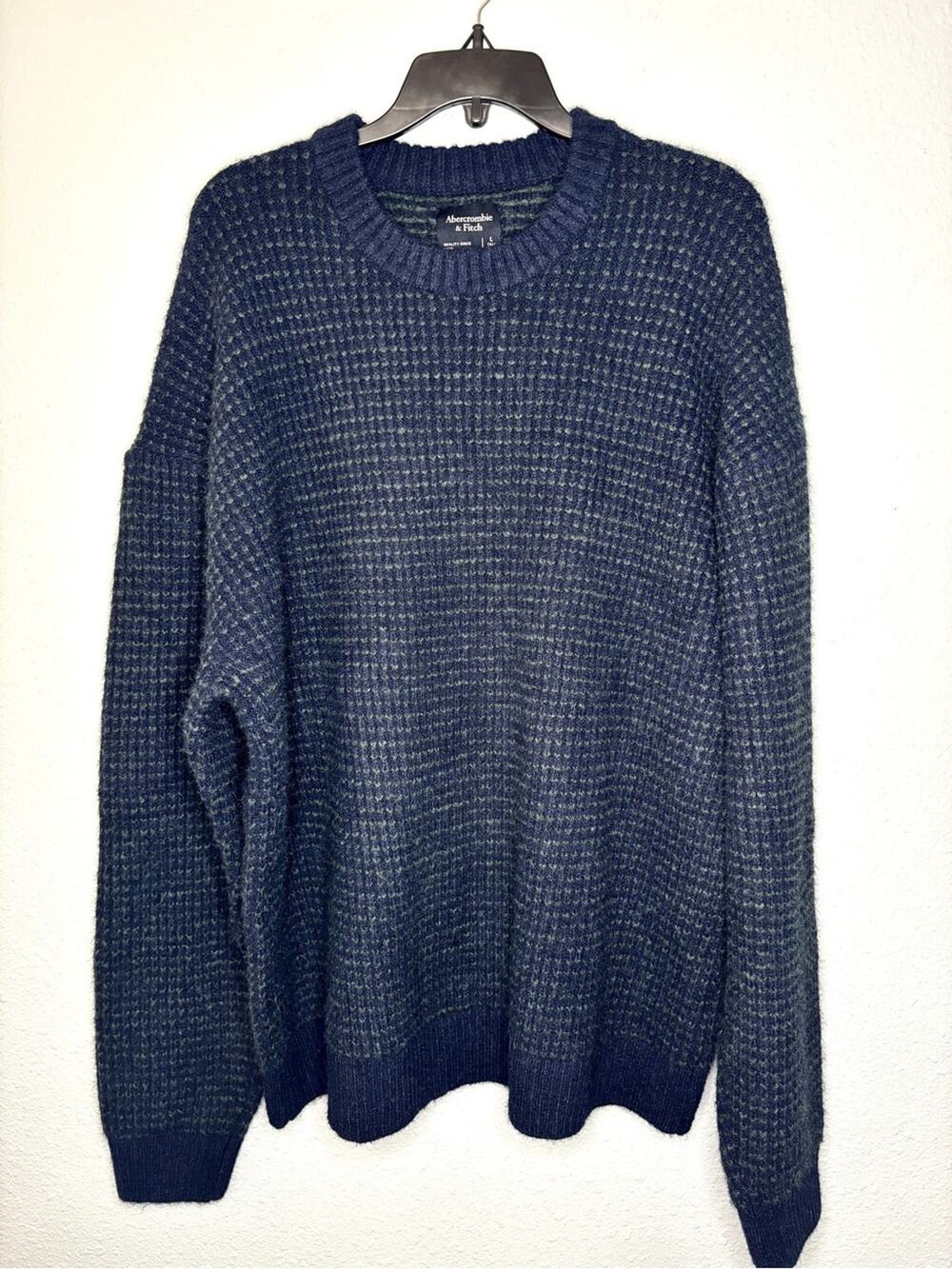 Abercrombie & Fitch NWT Rib Knit Waffle Look Navy & Green Crew Neck Sweater LT